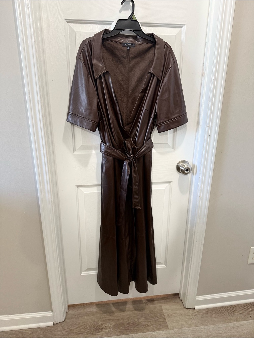 Eloquii Chocolate Brown Faux Leather Midi Shirt Dress with Tie Belt